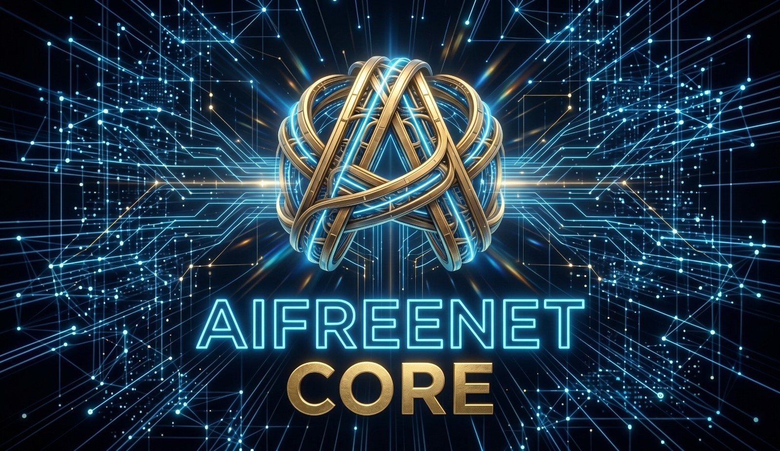 AIFREENET CORE – Schriftzug mit goldenem Knoten-Symbol auf blauem Schaltkreis-Hintergrund